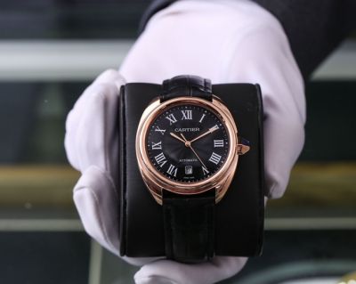 Replica CLÉ DE CARTIER Rose Gold Case 40mm Black Dial Leather Band