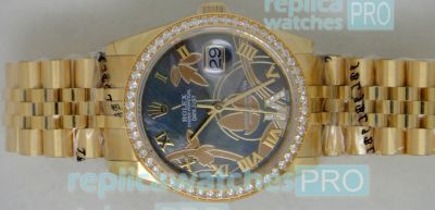 Replica Rolex Datejust Maple Leaf Flower Dial Gold Case Watch