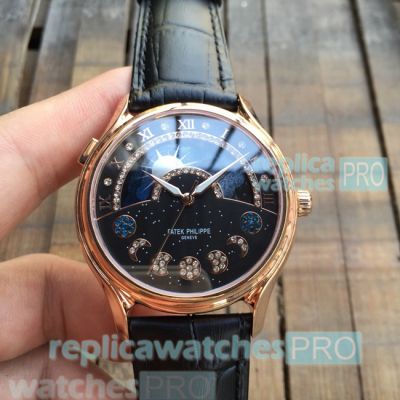 Patek Philippe Sky Moon Celestial Replica Watch Rose Gold Bezel Black Leather Strap