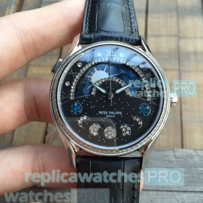 Patek Philippe Sky Moon Celestial Replica Watch Silver Bezel Black Leather Strap